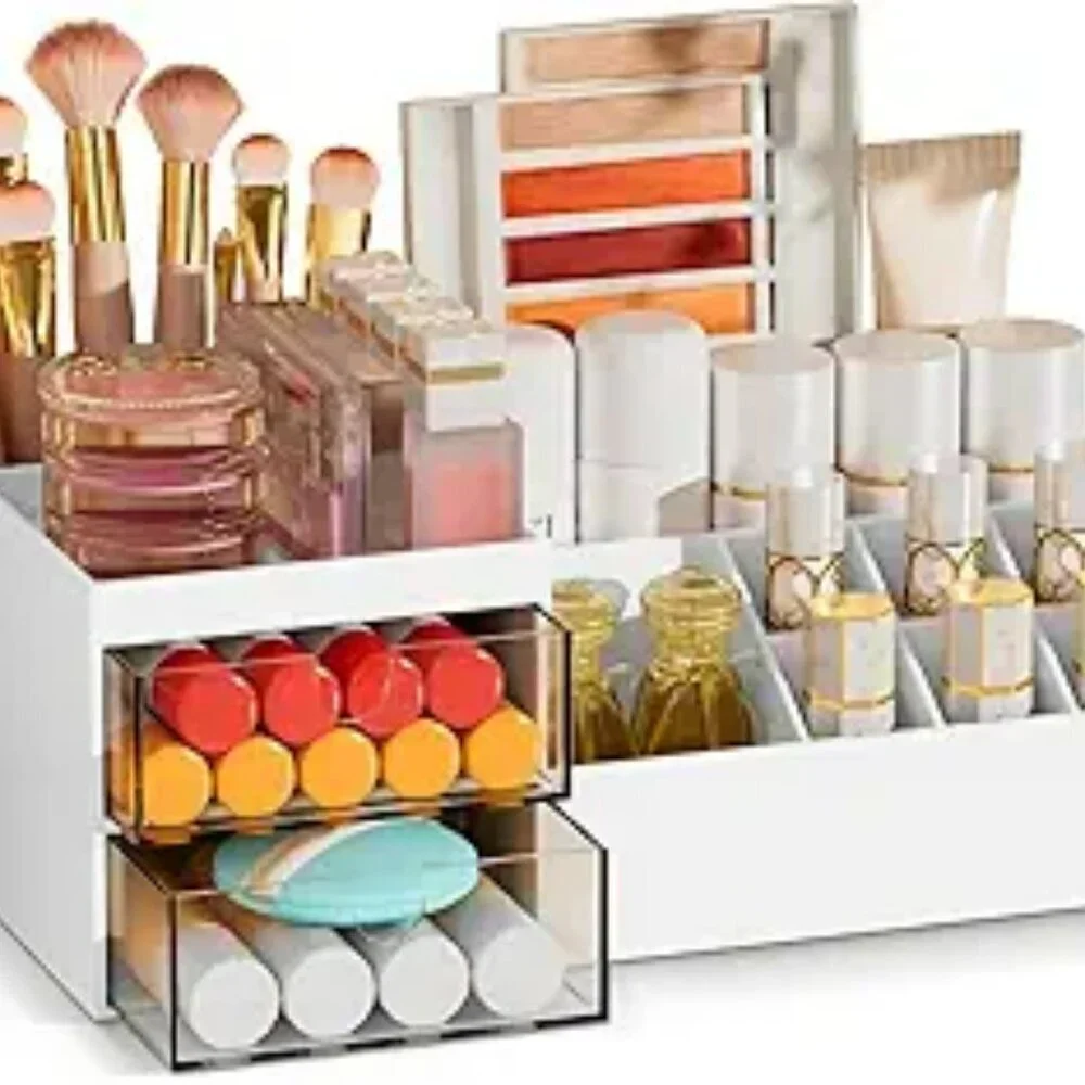 White makeup organizer with drawers countertop storage for vanity bathroom